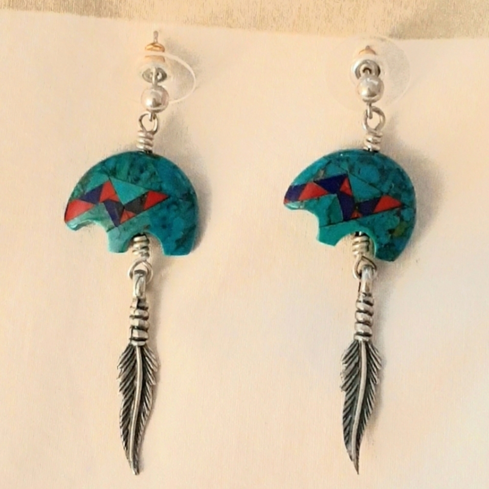 Turquoise and Silver Bear & Feather Earrings